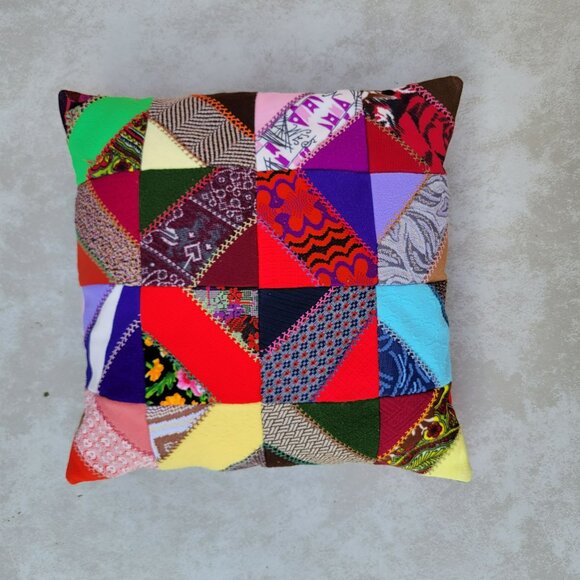 Vintage Crazy Patchwork Throw Pillow 14x14 Polyester Handmade Quilted Embroidery - Picture 3 of 16